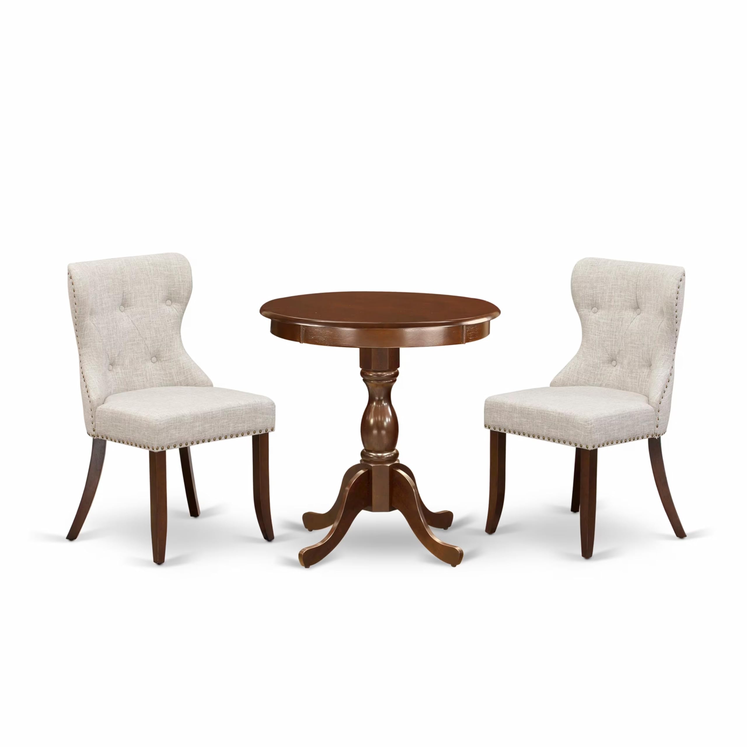 East West Furniture Essi3-Mah-35 3 Piece Modern Dining Table Set Contains A Round Wooden Table With Pedestal And 2 Doeskin Linen Fabric Upholstered Chairs, 30X30 Inch, Mahogany